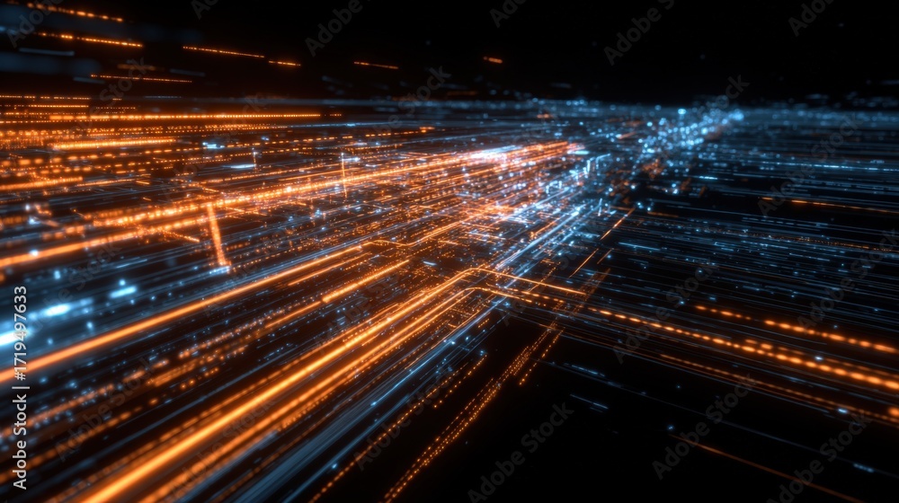 Poster abstract high-tech visualization: interconnected network of data streams in blue and orange, artific