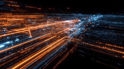 Abstract High-Tech Visualization: Interconnected Network of Data Streams in Blue and Orange, Artificial Intelligence, Machine Learning