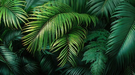 Lush green palm fronds create a dense, tropical foliage background. Use it for nature themes, or exotic vacation promotion.
