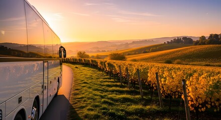 White bus travels through a vineyard landscape at sunrise.