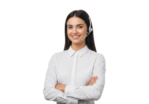 Young caucasian woman with dark brown hair, white button-up shirt, and hands-free headset, arms crossed, smiling confidently on transparent studio background with copy space. Concept of business