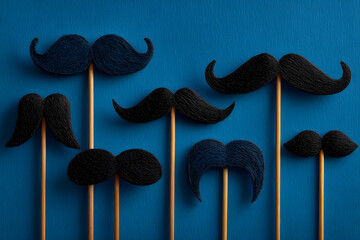 movember concept, black mustaches with sticks on a blue background