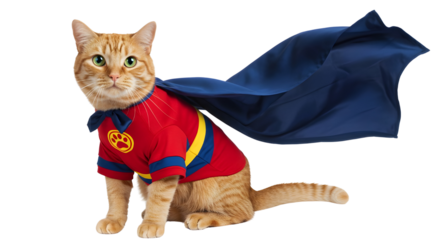 Cute orange tabby cat wearing a red superhero costume and blue flowing cape. isolated PNG with Transparent Background