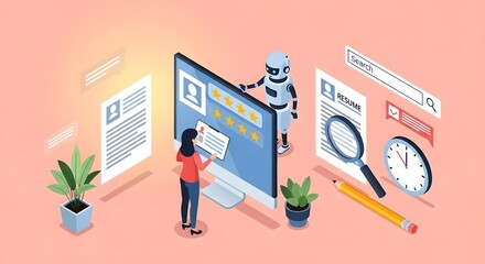 Ai recruitment process a business woman and an ai robot reviewing candidates profiles highlighting the automation and efficiency in hr tech