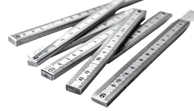 Several metallic folding rulers, slightly overlapping, lie at angles on a black background, showcasing their markings and construction