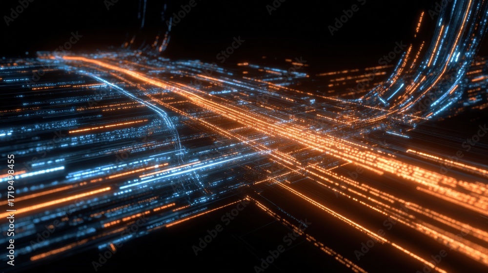 Poster abstract data streams visualization with flowing information, representing big data and high-speed c