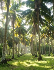 Obraz premium Lush palm grove walkway bathed in sunlight