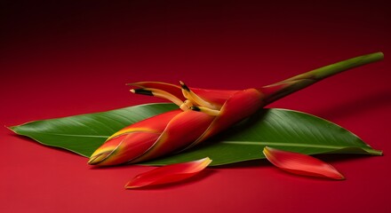 Vibrant Red Tropical Flower with Green Leaves on Red Background