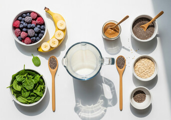 Minimalist Flat Lay of Fresh Smoothie Ingredients on White Kitchen Counter with Blender Jar