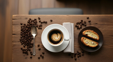 Overhead view of a steaming cup of coffee with latte art next to toast and scattered beans on a rustic wooden table