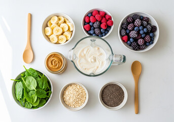 Minimalist Flat Lay of Fresh Smoothie Ingredients on White Kitchen Counter with Blender Jar