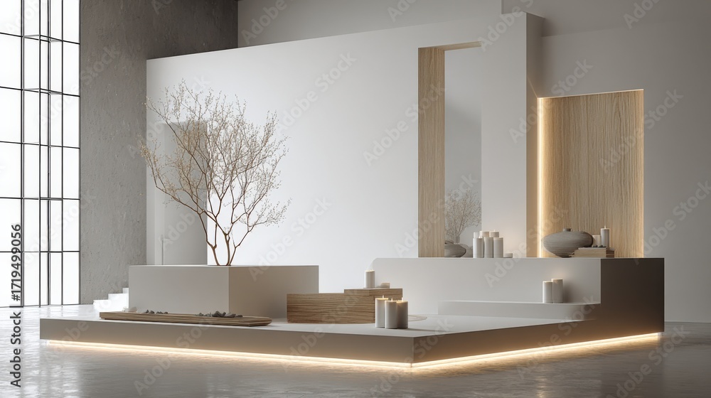 Poster modern interior design with minimalist platform and natural elements for product display and wellnes