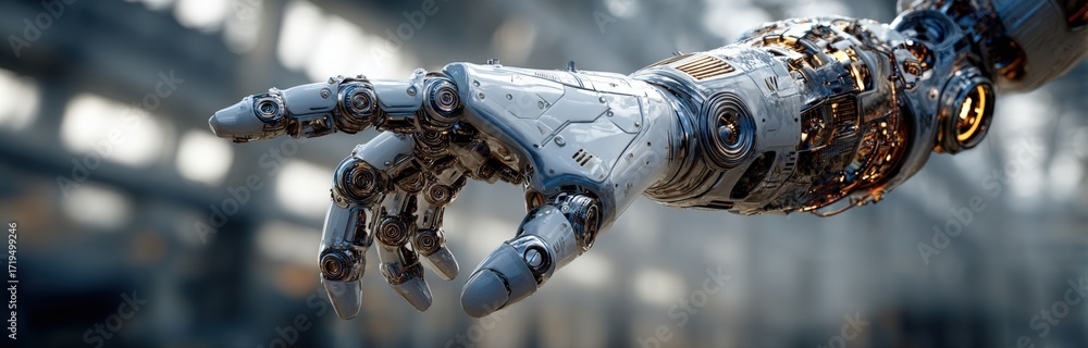 Poster advanced technology: close-up of a futuristic robotic hand reaching out in a technological environme