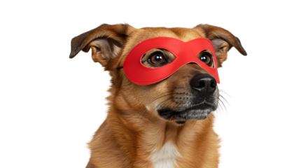 Adorable brown mixed breed dog wearing a red superhero eye mask costume portrait isolated PNG with Transparent Background