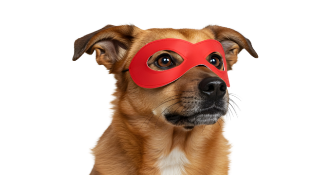 Adorable brown mixed breed dog wearing a red superhero eye mask costume portrait isolated PNG with Transparent Background - Powered by Adobe