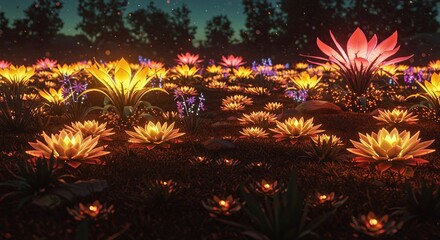 A beautiful field of glowing bioluminescent fantasy flowers blooming at night under a starry sky.