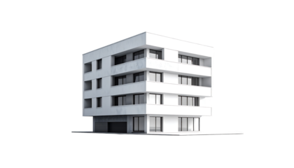 A pristine white, multi-story apartment building with recessed balconies and a ground floor garage, rendered in a minimalist style