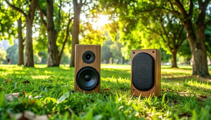 Wooden speakers in a park