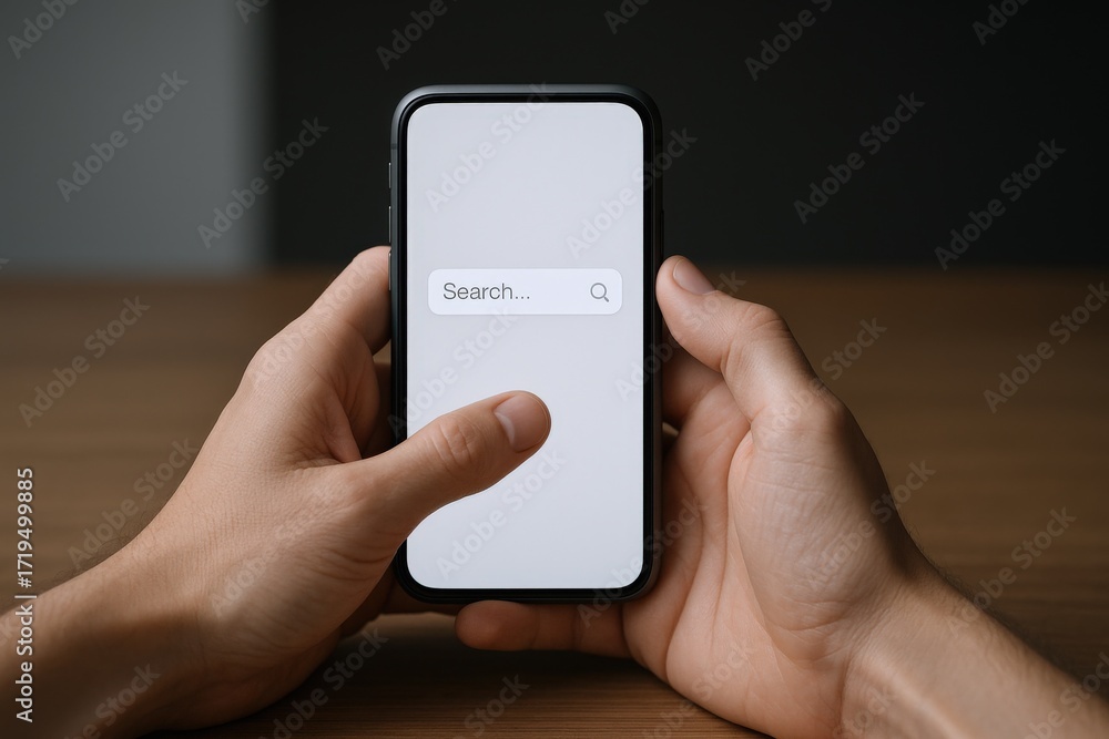 Poster hands holding smartphone with search bar on screen displaying digital interface and mockup for app