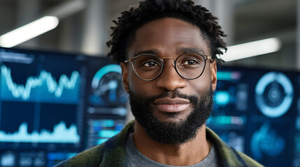 A man with glasses and a beard stands in front of digital screens displaying data visualizations in a high-tech environment.