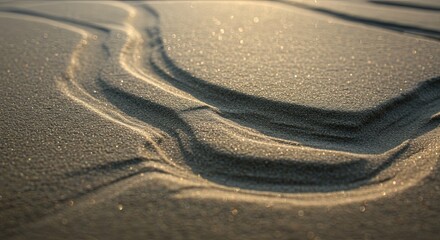 Golden sunset light sparkles on the textured surface of sand with abstract flowing curves.