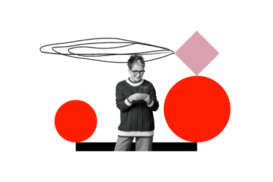 Composite photo collage of happy aged businesswoman surf phone freelancer occupation figure shape isolated on painted background