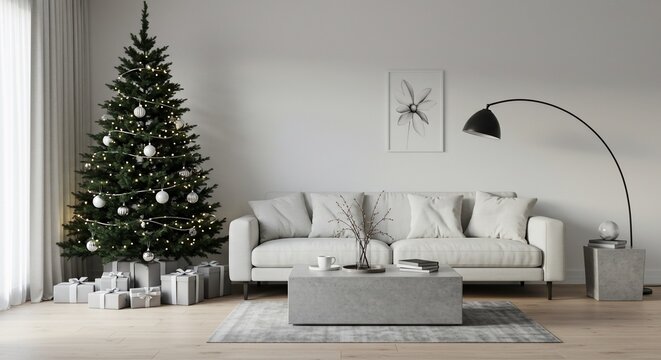Cozy Christmas Living Room A Decorated Tree, Sofa, and Stylish Interior Design