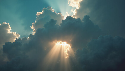 Sunlight through clouds creates a dreamy sky, with sunbeams piercing through dramatic storm clouds. Sunlight illuminates clouds, with ray of sunshine breaking through overcast, atmospheric weather.