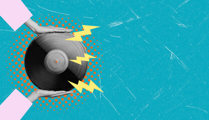 Art collage, Hands holding a vinyl record with lightning effects on a bright turquoise background