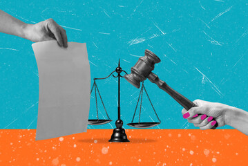Art collage, Legal documents and justice representation with a gavel and scales of justice in a...