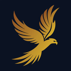 Golden eagle soaring with wings spread wide against a dark navy blue background symbolizing freedom and power