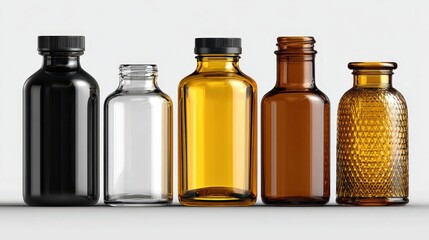 Assorted glass bottles on white background, black, clear, & amber colors. Use for product mockup, essential oils, perfumes, or liquid containers.