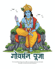 Obraz premium Govardhan Puja Festival Vector Illustration | Krishna with Govardhan Hill, Devotees & Cows