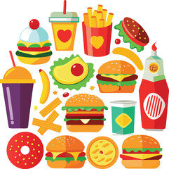 Collection of delicious fast food items including burgers fries drinks and donuts perfect for menu design and advertising