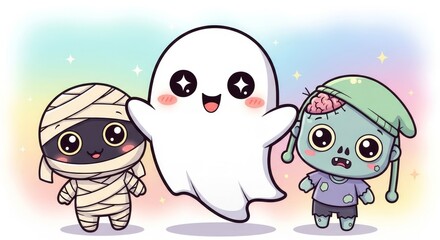 Fototapeta premium Ghosts, mummies, and zombies in a cute style with big eyes and friendly expressions. The popularity of kawaii culture and the juxtaposition of the terrifying and the cute.