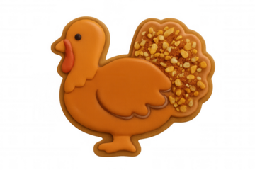 Thanksgiving turkey cookie for holiday celebration, decorated with royal icing and chopped nuts on transparent background