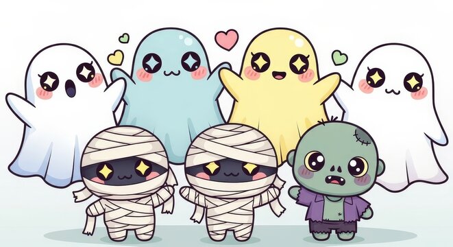 Ghosts, mummies, and zombies in a cute style with big eyes and friendly expressions. The popularity of kawaii culture and the juxtaposition of the terrifying and the cute.