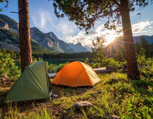 Sunrise Mountain Lake Camping Scene
