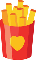 Delicious golden french fries in a vibrant red container with a cheerful yellow heart design fun food asset