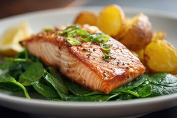 Delicious Salmon Fillet Served with Potatoes and Spinach for a Healthy Meal Presentation