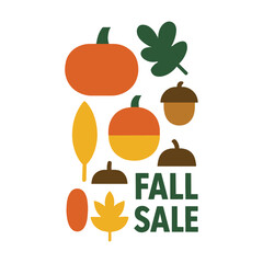 A clean and modern 'Fall Sale' graphic, composed of simple, flat illustrations of pumpkins, acorns, and autumn leaves. vector illustration