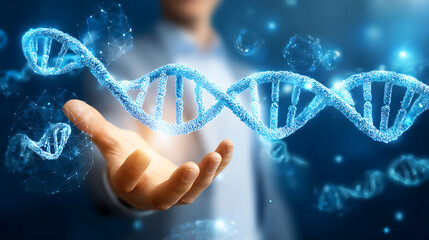 A hand holding a glowing DNA double helix in a futuristic scientific setting