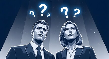 Business team looking up with question marks contemplating innovative solutions ideal for corporate presentations and strategic planning materials.