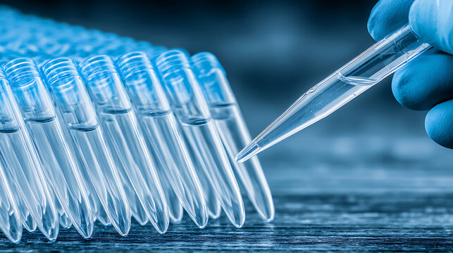 Scientist using pipette to transfer liquid into test tubes in laboratory setting - Powered by Adobe