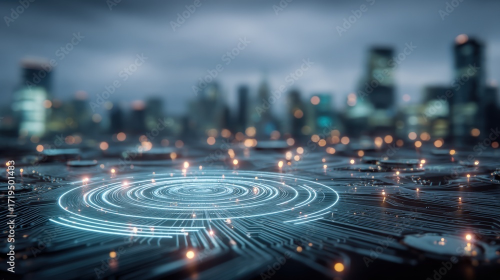 Poster futuristic cityscape digital network connection: glowing data transfer on a circuit board with skyli