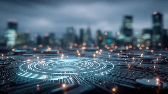Futuristic Cityscape Digital Network Connection: Glowing Data Transfer on a Circuit Board with Skyline Background
