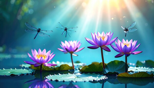 Purple lotus flowers float serenely on a tranquil pond, with dragonflies dancing in the sunlit air.