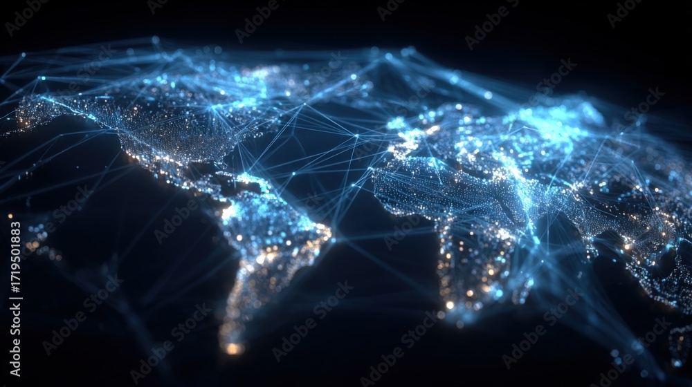 Poster global network visualization: digital connectivity and interconnected world map with data stream, il