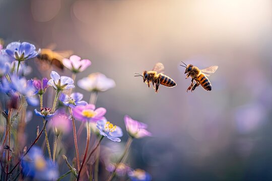 Bees in flight among delicate purple and pink wildflowers soft focus - Powered by Adobe
