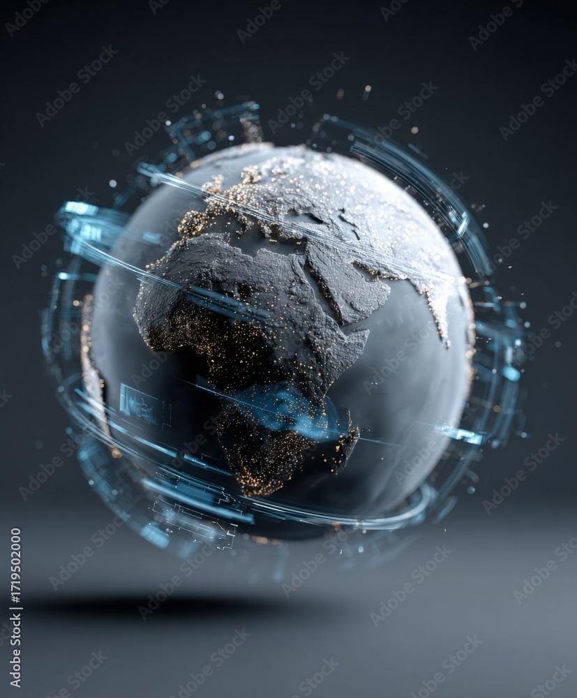 Poster global connectivity concept: 3d earth with futuristic data network orbiting, illustrating digital tr